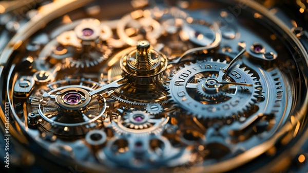 Fototapeta Close up image of mechanical watch movement, with complex components, gears and springs