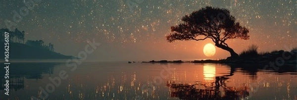 Fototapeta Sunset over tranquil waters with silhouetted tree and starry sky at dusk