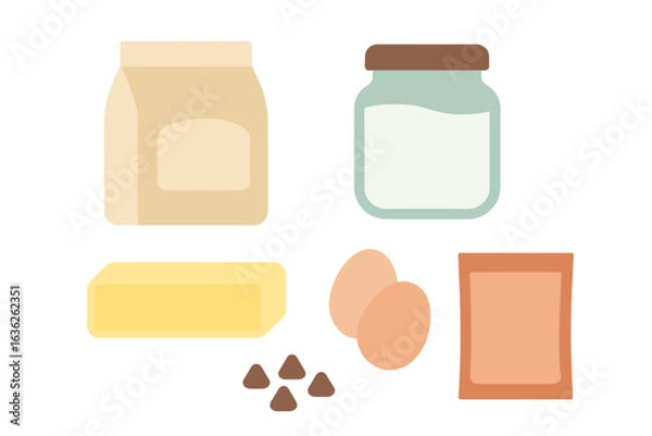 Fototapeta Ingredients for baking chocolate chip cookies on a white surface in a cozy kitchen setting