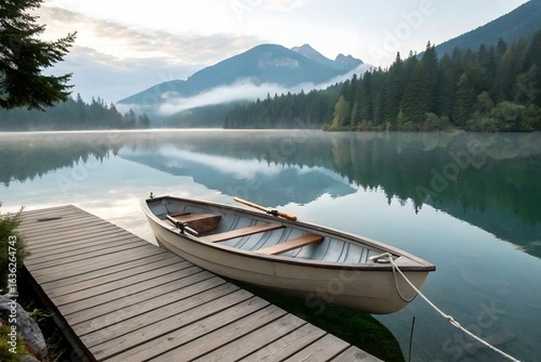 Obraz Serene wooden rowboat tied to dock on misty mountain lake at sunrise