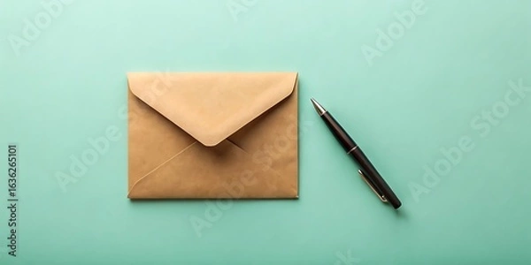 Fototapeta Brown Kraft Envelope And A Black Pen Placed On A Light Teal Background paper kraft paper