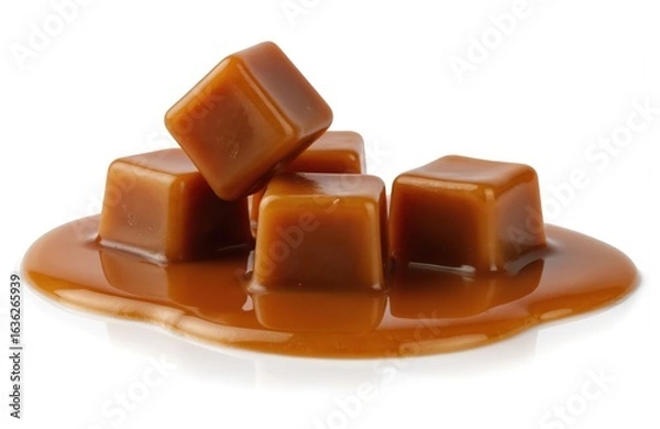 Obraz Close-up caramel cubes in flowing caramel sauce. Delicious treats tempting for indulgence, food photography. Soft, creamy texture, glossy finish, perfect dessert or snack.