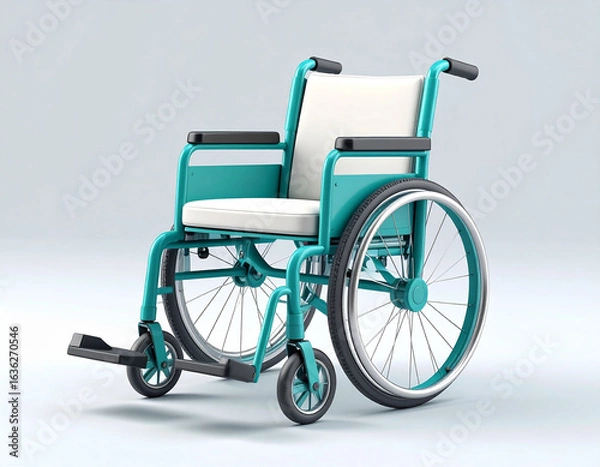 Fototapeta A 3D cartoon teal and white wheelchair, presented on a clean, light-gray background, isolated.