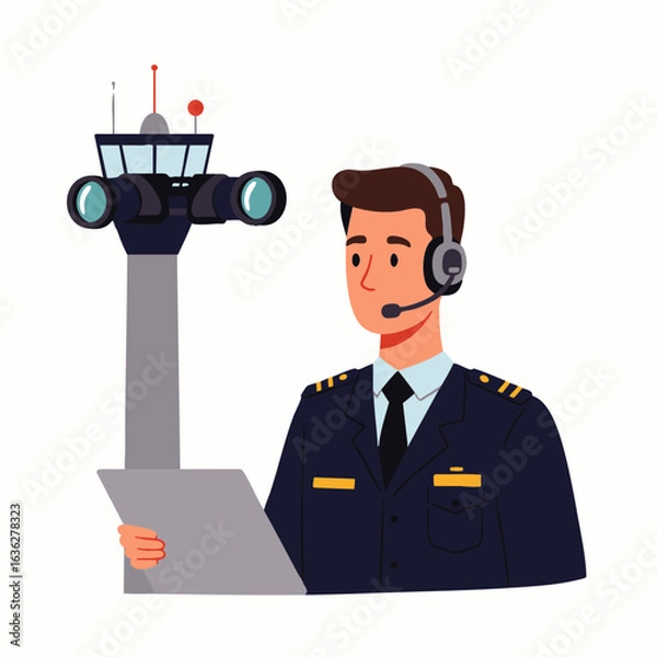 Obraz A dedicated aviation professional wearing a uniform and headset works diligently near an airport control tower, overseeing flight operations.