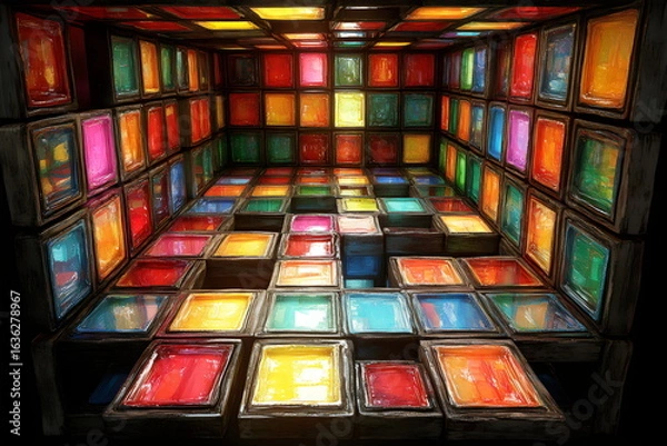 Fototapeta Colorful abstract installation fills a modern room with vibrant patterns and reflections during daylight hours