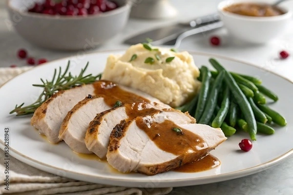 Obraz Sliced Roasted Turkey Breast with Mashed Potatoes and Green Beans on White Plate meat