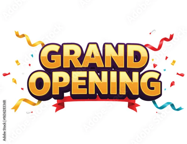 Obraz Festive Grand Opening typography on a banner with confetti and ribbons. A celebratory announcement for a new business launch or event.