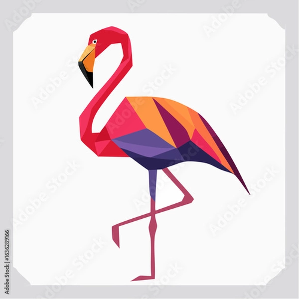 Fototapeta Vibrant polygonal flamingo illustration standing on one leg. A modern low-poly art concept of a colorful geometric bird.
