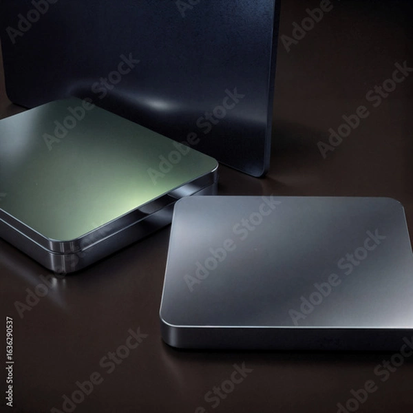 Fototapeta Sleek Metallic Squares with Brushed Finish on a Dark Background