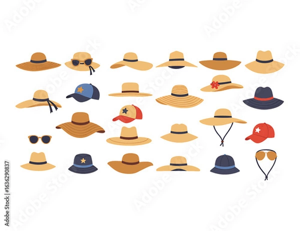 Obraz A diverse collection of summer hats and headwear. Vector illustration set of fashion accessories for sun protection, including various hat styles.