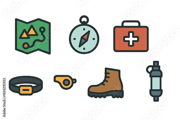 Fototapeta Essential gear for outdoor adventures including map, compass, first aid kit, and hiking boot