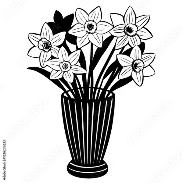 Fototapeta Daffodils in vase black and white silhouette vector illustration
