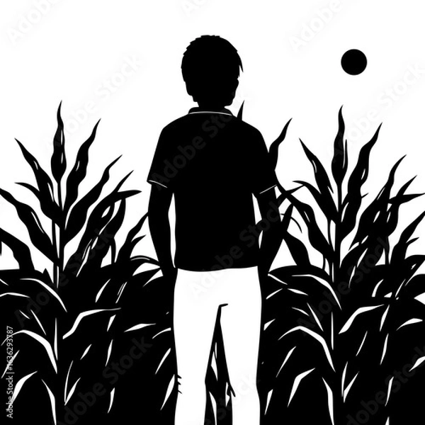 Fototapeta Boy standing in corn field at night silhouette vector illustration