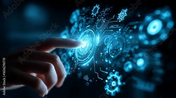 Fototapeta Hand interacting with futuristic digital interface, blue glowing circular tech elements