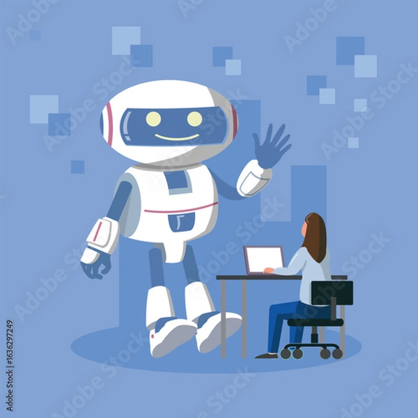 Fototapeta Woman Working with AI Robot Assistant, Vector Illustration