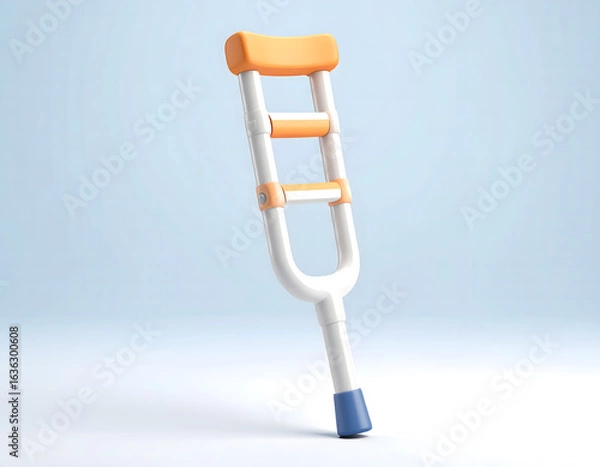 Fototapeta A 3D cartoon stylized, digitally rendered crutch, with orange and white accents, against a light blue background.