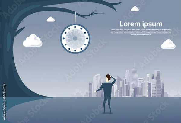 Fototapeta Business Man Looking At Clock Hanging On Tree Over Modern City View Time Management Deadline Concept Vector Illustration