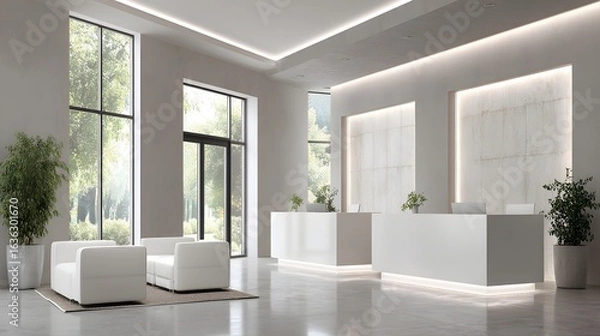 Fototapeta Modern white reception area with large windows.
