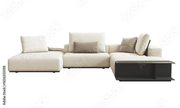 Obraz Modern beige boucle fabric upholstery sofa with pillows and throw plaid. 3d render.