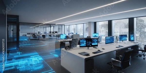 Fototapeta Futuristic smart office with a glowing blue digital grid integrated into the floor connecting modern workstations.