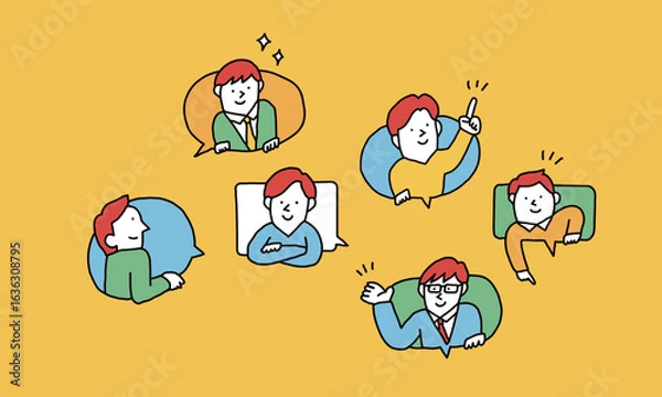 Obraz 吹き出し　指差しなどのポーズする様々な世代の男性たちのイラストアイコン