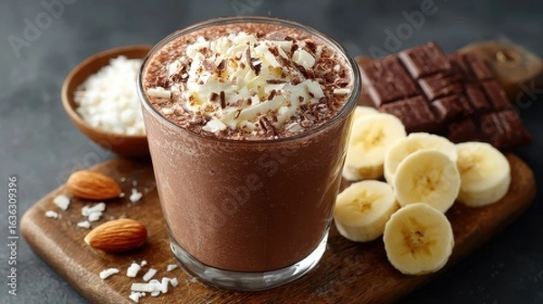 Obraz Delicious Chocolate Banana Smoothie with Whipped Cream and Chocolate Shavings