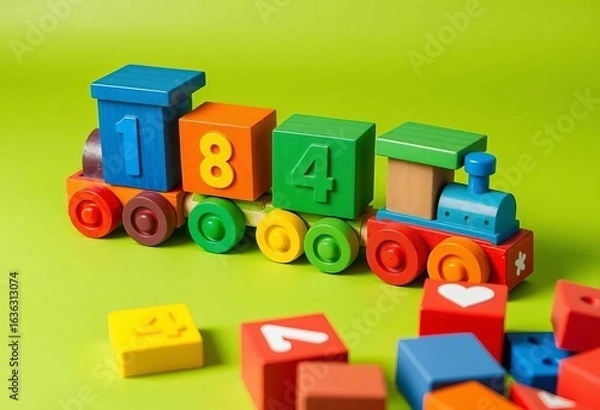 Fototapeta Colorful wooden train with number & shape blocks on green background,  kindergarten,  blocks