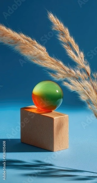 Obraz A multi-colored sphere sits atop a light brown block, with tan grasses