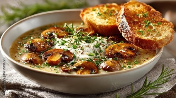 Fototapeta Creamy Mushroom Soup with Toasted Bread and Fresh Herbs in a Bowl