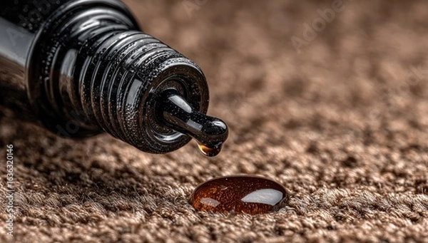 Fototapeta Dark liquid drips from a black bottle onto textured fabric. Close-up