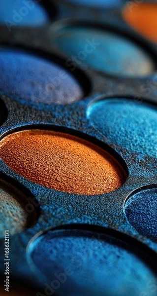 Obraz Close-up of a makeup eyeshadow palette, featuring various shades of blue and copper
