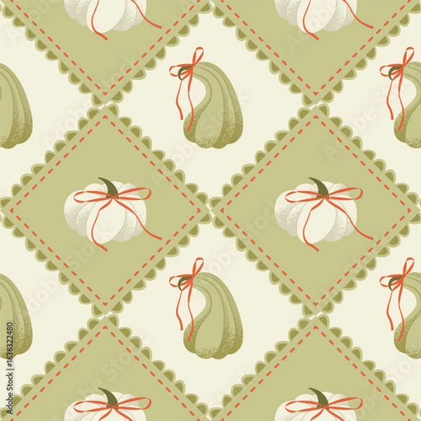 Fototapeta Autumnal patchwork seamless pattern with pumpkins and Bows. Vector illustration for blanket, gift paper, textile design, or so.