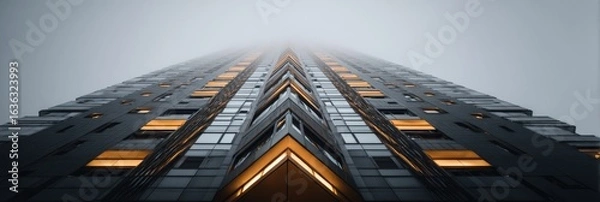 Obraz Modern skyscraper facade, viewed from below, in the mist