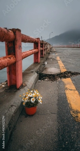 Obraz A small potted daisy plant sits on a cracked road next to a red metal railing. Misty gray sky over water