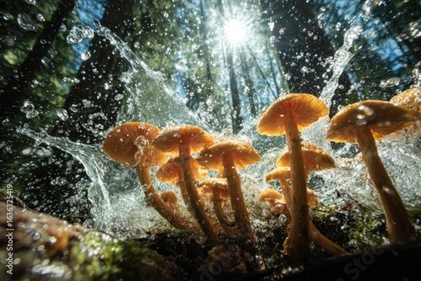 Fototapeta Cluster of mushrooms erupting from water spray in a sunlit forest