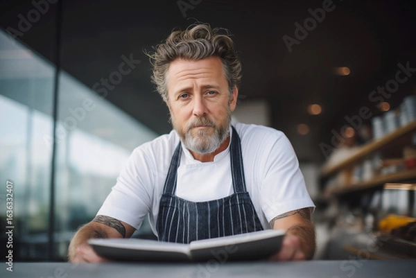 Obraz Pensive Chef in Apron Reviewing Notes at Modern Restaurant Counter – Quiet Focused Moment