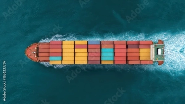 Fototapeta Container Ship Sailing Through Turquoise Water with Colorful Cargo