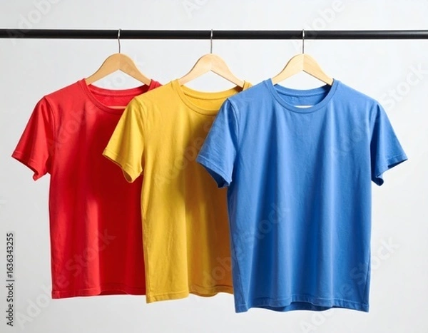 Fototapeta Vibrant collection of basic t-shirts on a clothing rack. Assortment of colorful red, yellow, and blue apparel for a modern wardrobe.