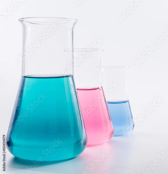 Fototapeta science and clinic background. Chemical and Medical laboratory research.  laboratory beakers with colorful liquids and reagents.  