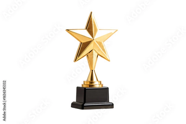 Fototapeta Golden star trophy award on black base with metallic shine, isolated on a transparent background