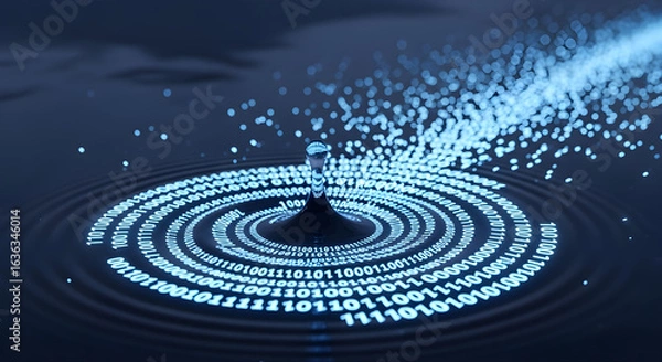 Fototapeta The ripple effect of data, a conceptual image of a raindrop splash transforming into expanding rings of glowing binary code.
