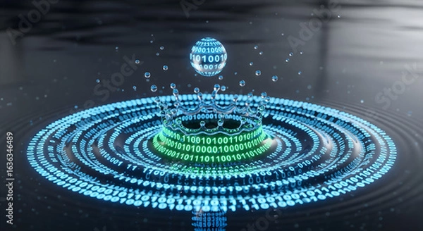 Fototapeta The ripple effect of data, a conceptual image of a raindrop splash transforming into expanding rings of glowing binary code.