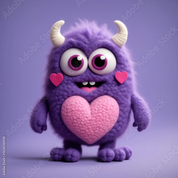 Obraz Adorable Monster with Heart-Shaped Details in a Pastel Background fuzzy A perfect representation of love, affection, and cartoon creativity for Valentine's themes or fun designs.
