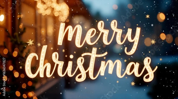 Fototapeta Merry Christmas Holiday Lights with Snow and Bokeh Background