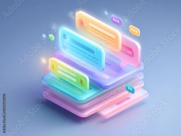 Fototapeta Glowing virtual assistant, 3D isometric bubble, layered chat UI, wide-angle perspective