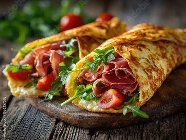 Fototapeta Gourmet Savory Crepes with Prosciutto Arugula and Tomato on a Rustic Wooden Board.