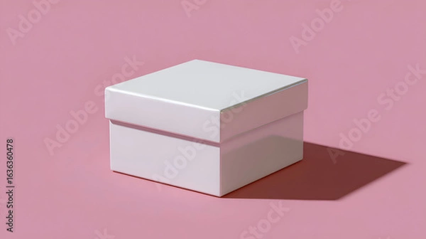 Fototapeta A simple white gift box with a lid casts a shadow on a soft pink background. The clean and minimal scene is perfect for product presentation or gift-giving concepts.