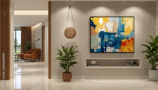 Fototapeta Modern abstract art painting adorns a contemporary hallway with plants