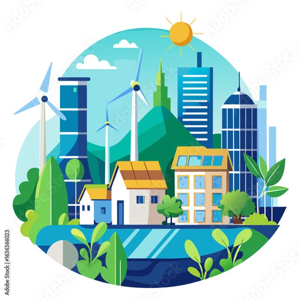 Fototapeta Eco-Friendly Urban Landscape with Wind Turbines and Solar Panels Vector