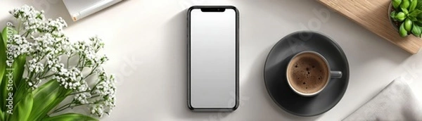 Fototapeta Clean flat-lay of phone screen chatting on flawless white surface